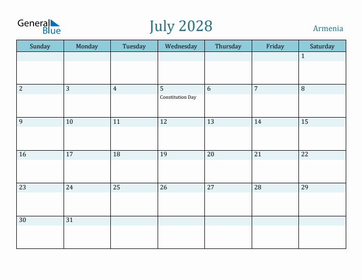 July 2028 Calendar with Holidays