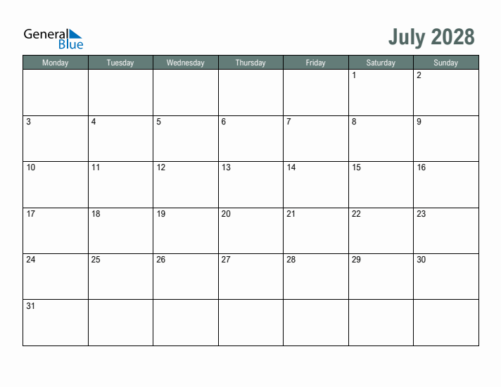 Free Printable July 2028 Calendar