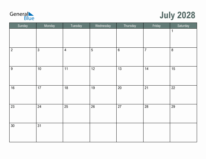 Free Printable July 2028 Calendar