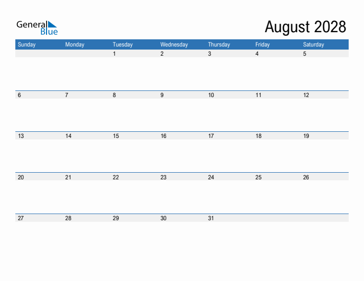 Fillable Calendar for August 2028