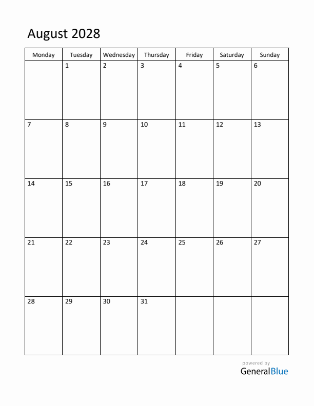 Monday Start Calendar for August 2028