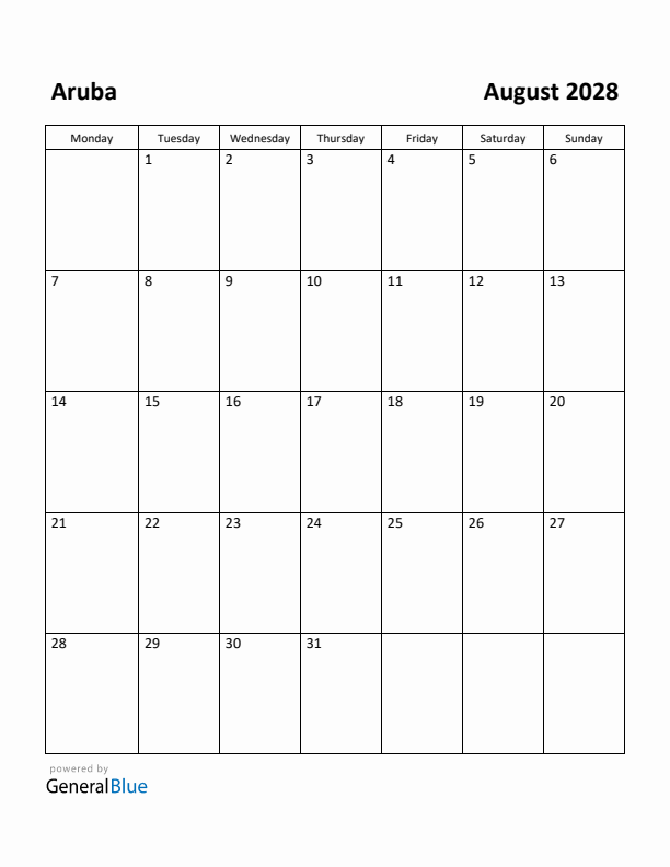 August 2028 Calendar with Aruba Holidays
