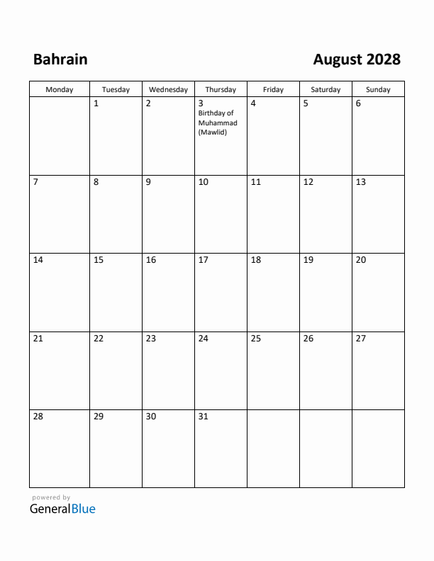 August 2028 Calendar with Bahrain Holidays