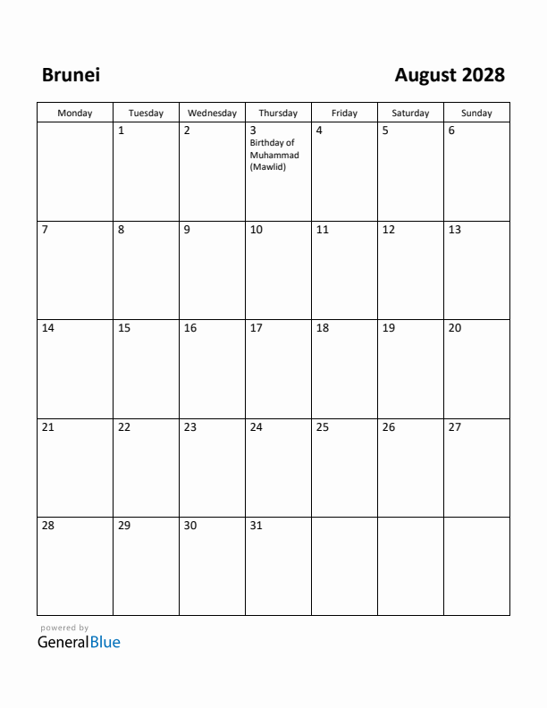 August 2028 Calendar with Brunei Holidays