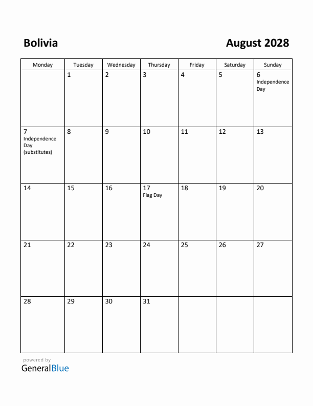August 2028 Calendar with Bolivia Holidays