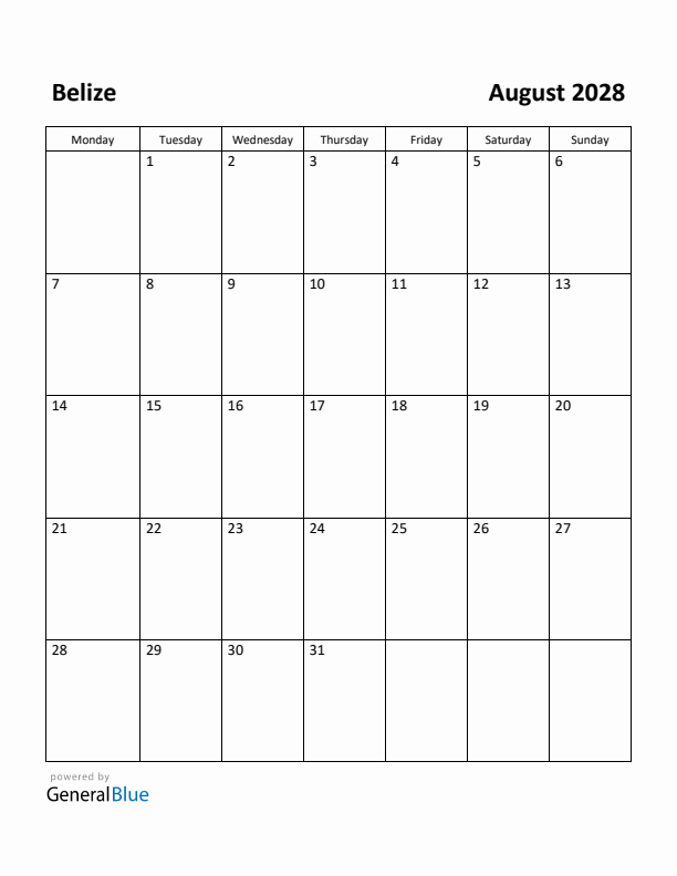 August 2028 Calendar with Belize Holidays