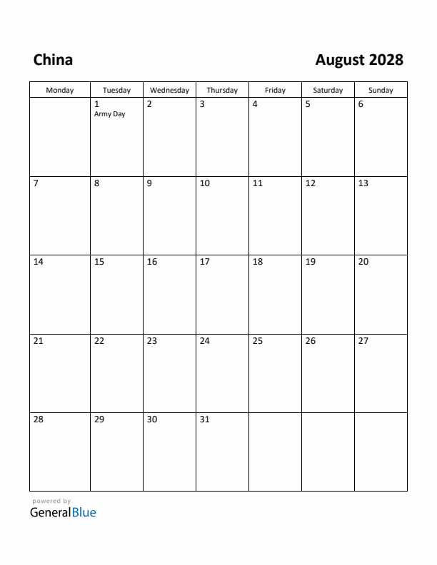 August 2028 Calendar with China Holidays