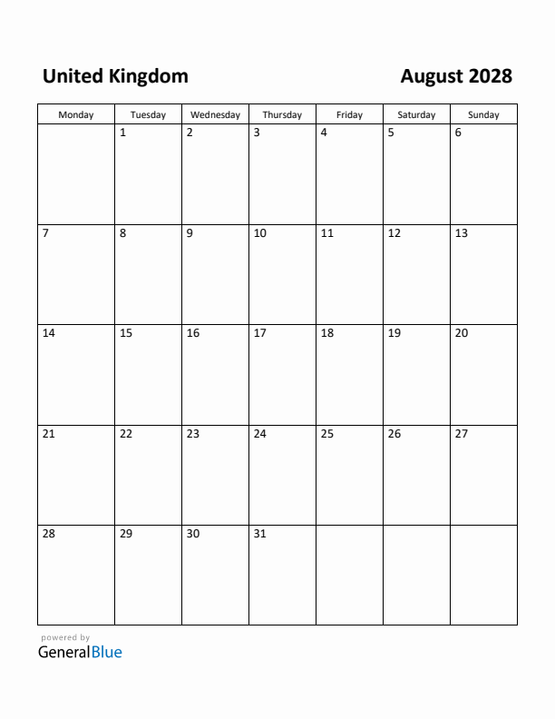 August 2028 Calendar with United Kingdom Holidays