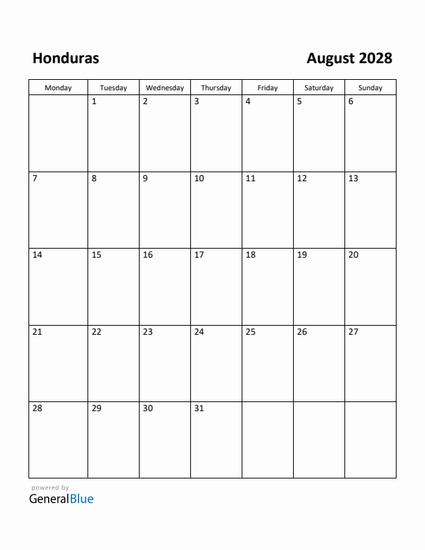 August 2028 Calendar with Honduras Holidays