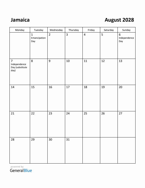 August 2028 Calendar with Jamaica Holidays