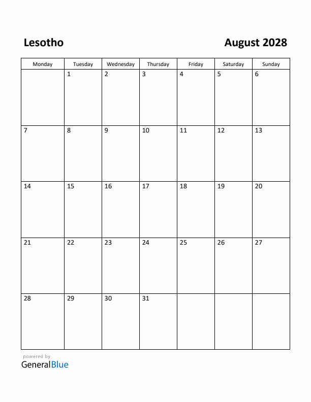 August 2028 Calendar with Lesotho Holidays