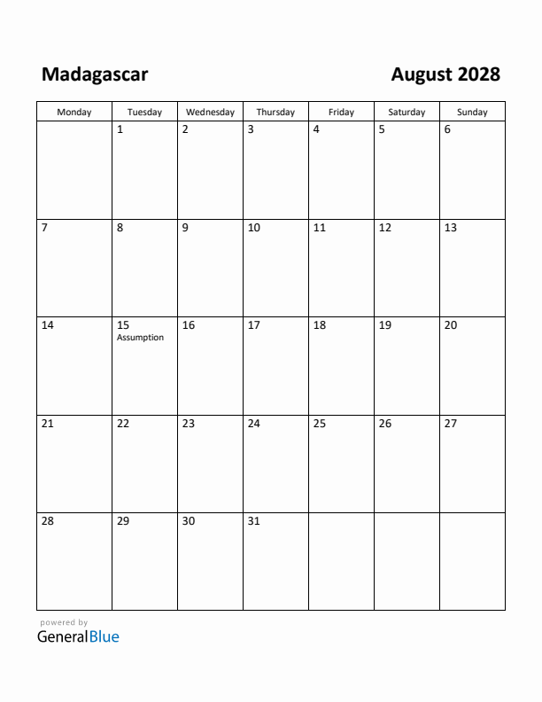 August 2028 Calendar with Madagascar Holidays