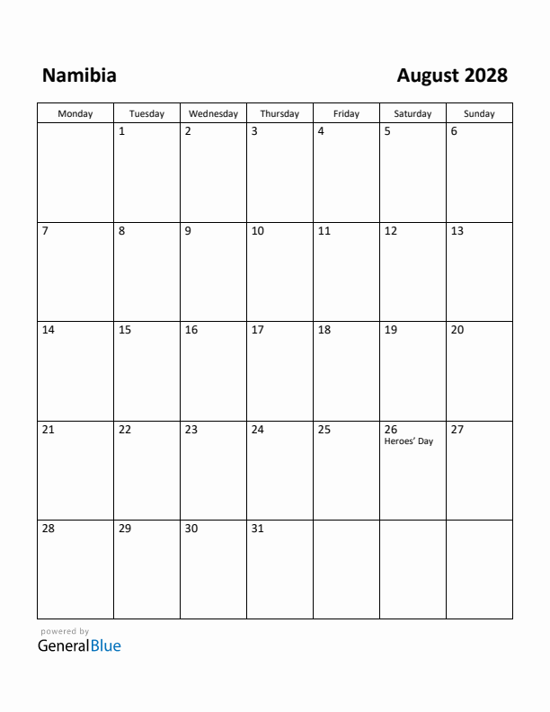 August 2028 Calendar with Namibia Holidays