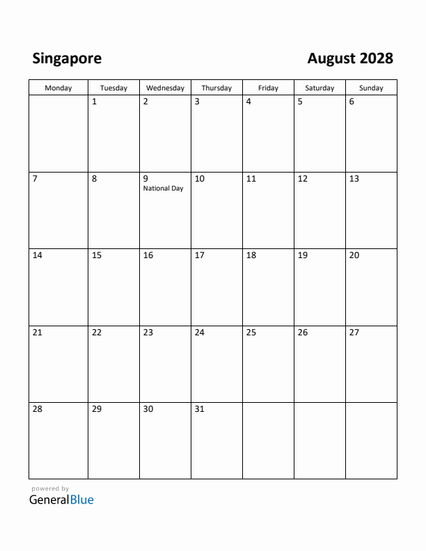 August 2028 Calendar with Singapore Holidays