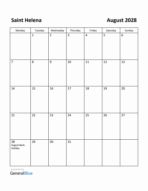 August 2028 Calendar with Saint Helena Holidays