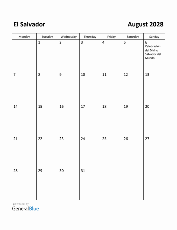 August 2028 Calendar with El Salvador Holidays