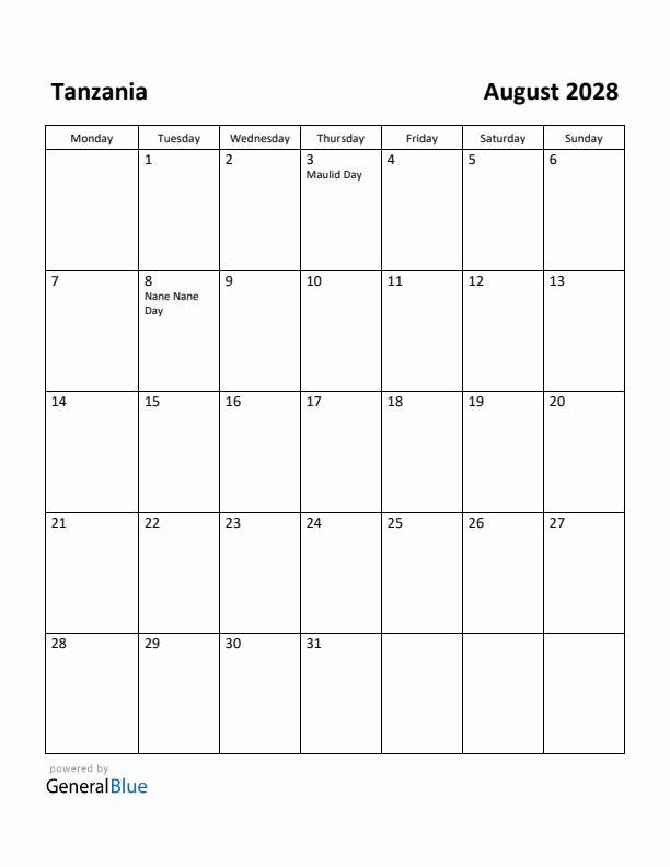 August 2028 Calendar with Tanzania Holidays