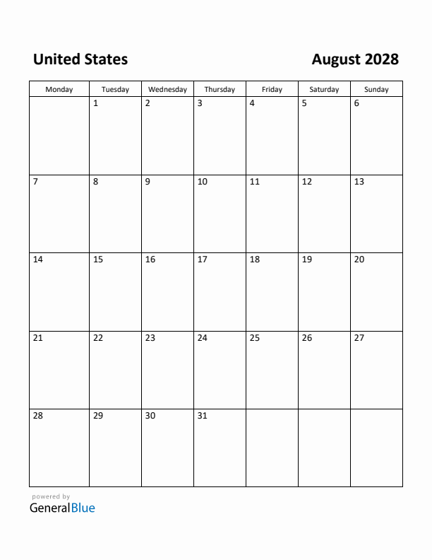 August 2028 Calendar with United States Holidays