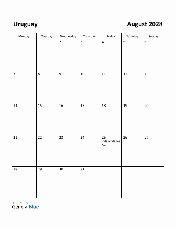 August 2028 Calendar with Uruguay Holidays