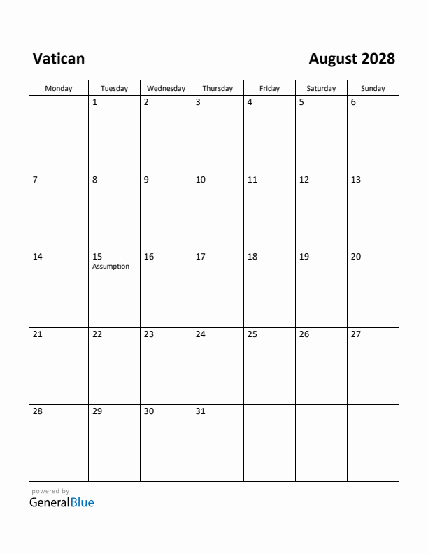 August 2028 Calendar with Vatican Holidays
