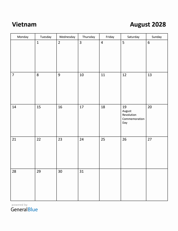 August 2028 Calendar with Vietnam Holidays