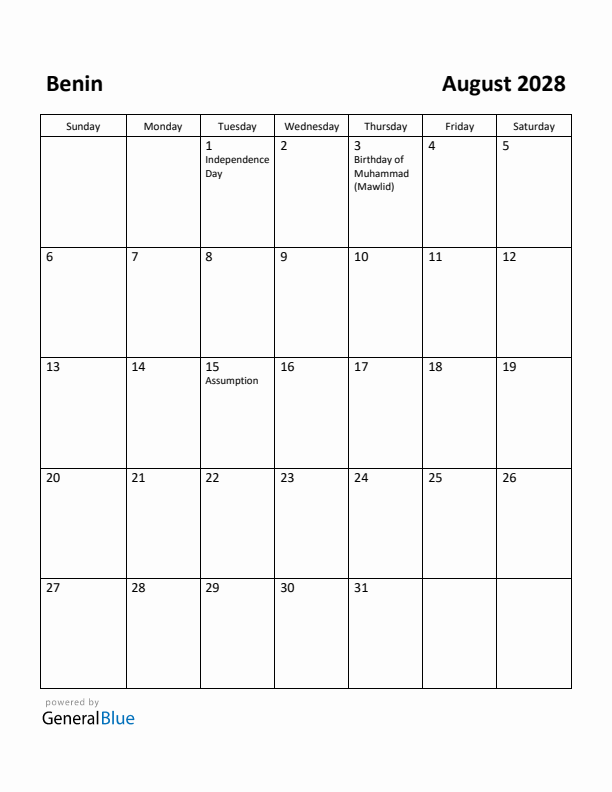 August 2028 Calendar with Benin Holidays