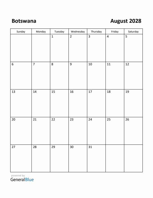 August 2028 Calendar with Botswana Holidays