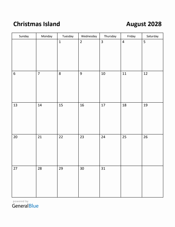 August 2028 Calendar with Christmas Island Holidays