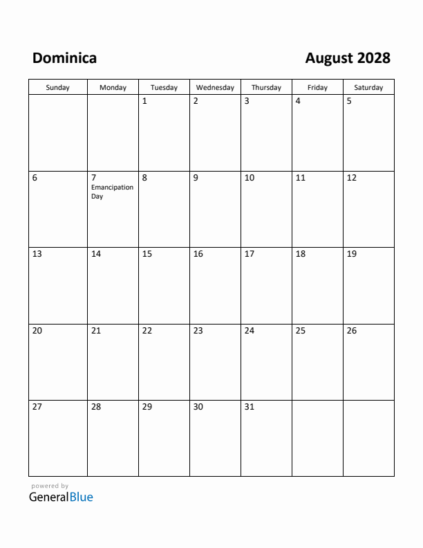 August 2028 Calendar with Dominica Holidays