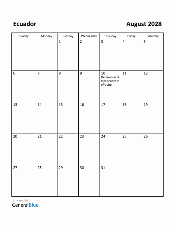 August 2028 Calendar with Ecuador Holidays