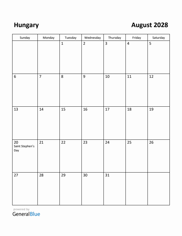 August 2028 Calendar with Hungary Holidays