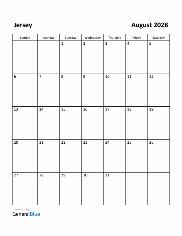 August 2028 Calendar with Jersey Holidays