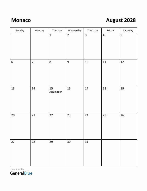 August 2028 Calendar with Monaco Holidays