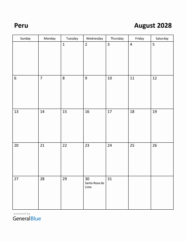 August 2028 Calendar with Peru Holidays