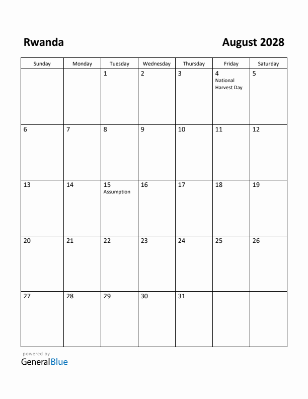 August 2028 Calendar with Rwanda Holidays