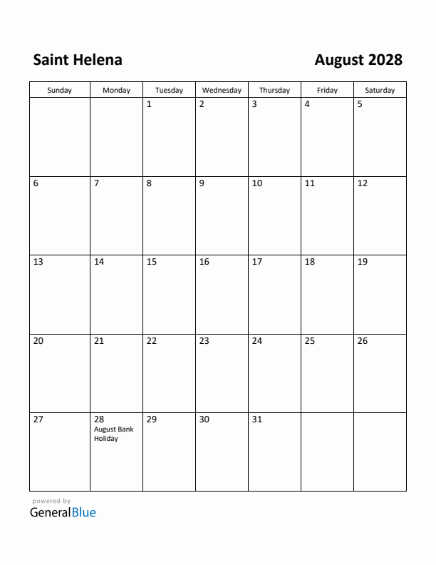 August 2028 Calendar with Saint Helena Holidays