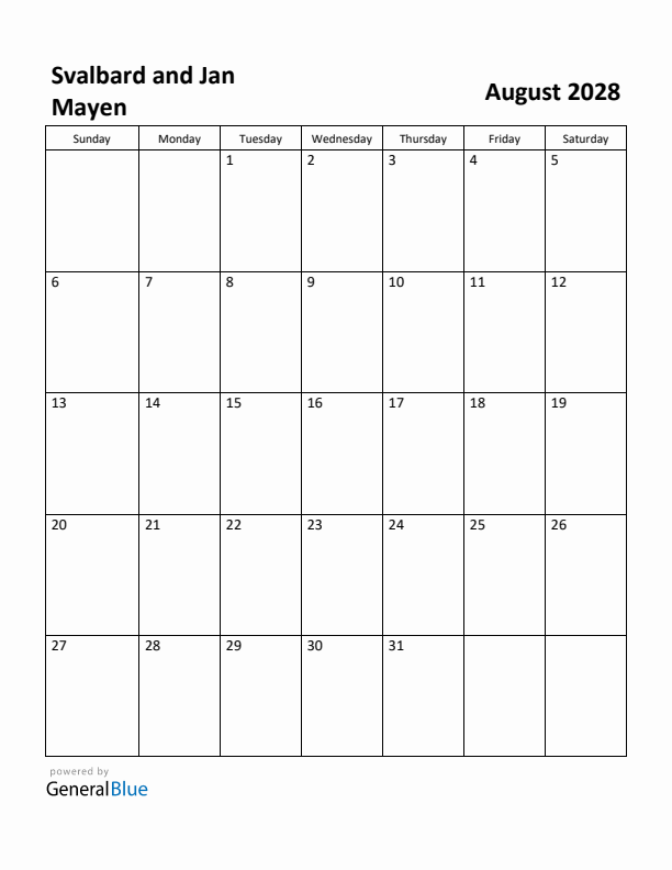 August 2028 Calendar with Svalbard and Jan Mayen Holidays