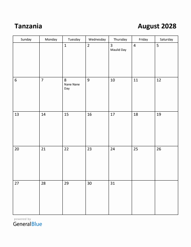 August 2028 Calendar with Tanzania Holidays