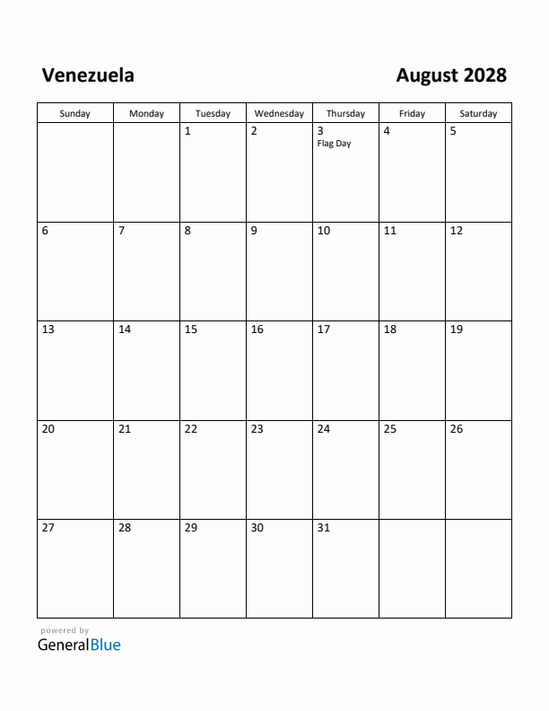 August 2028 Calendar with Venezuela Holidays