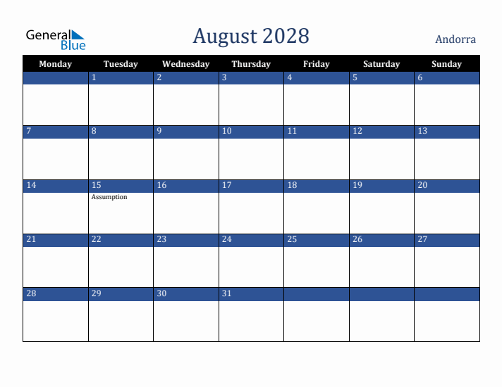 August 2028 Andorra Calendar (Monday Start)