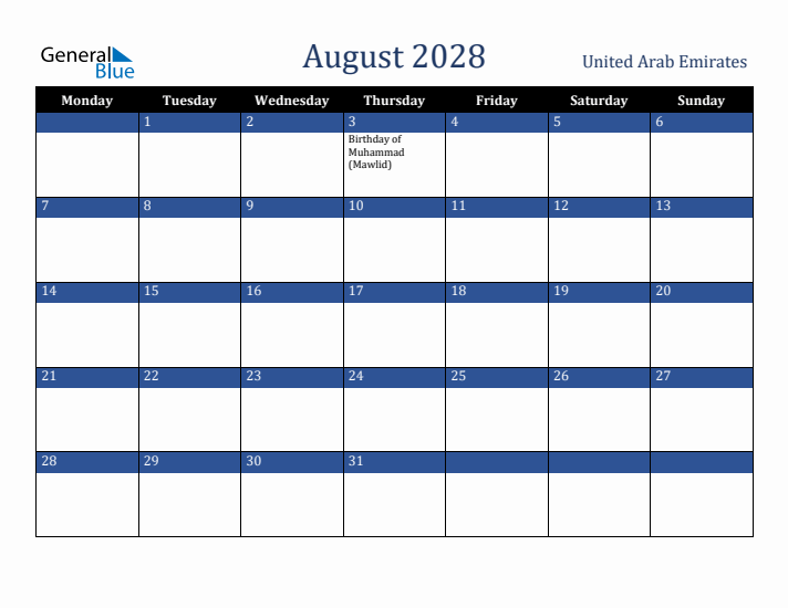August 2028 United Arab Emirates Calendar (Monday Start)