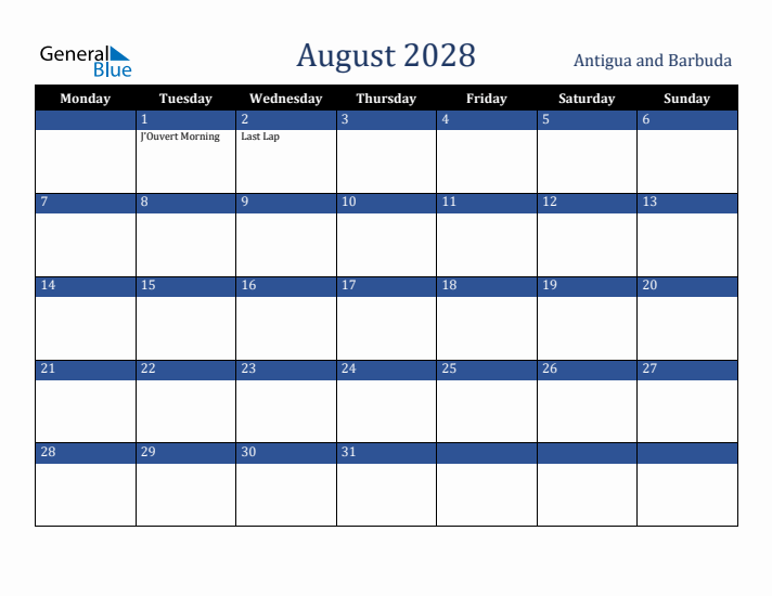 August 2028 Antigua and Barbuda Calendar (Monday Start)