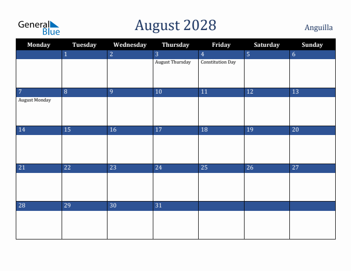 August 2028 Anguilla Calendar (Monday Start)