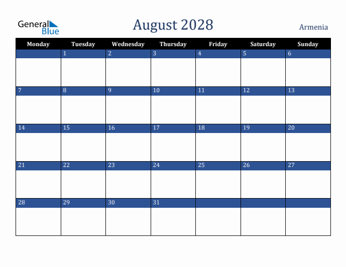 August 2028 Armenia Calendar (Monday Start)
