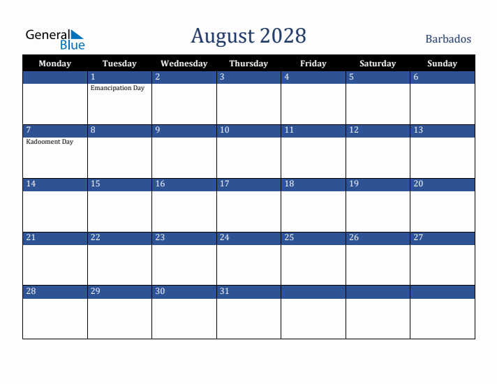 August 2028 Barbados Calendar (Monday Start)