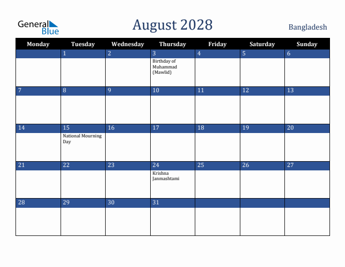 August 2028 Bangladesh Calendar (Monday Start)