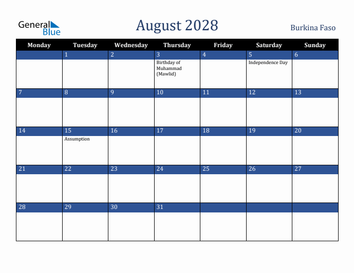 August 2028 Burkina Faso Calendar (Monday Start)