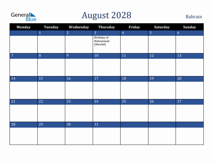 August 2028 Bahrain Calendar (Monday Start)