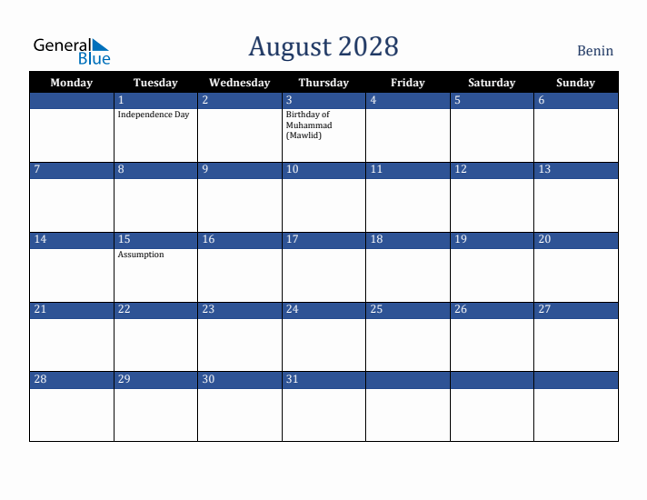August 2028 Benin Calendar (Monday Start)
