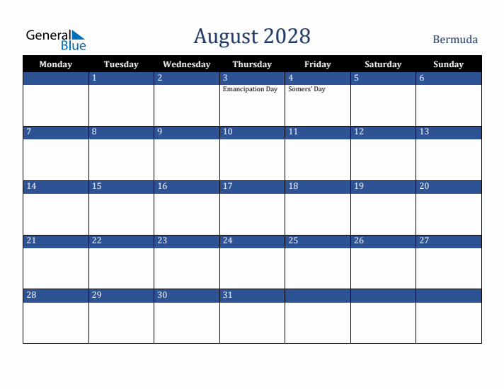 August 2028 Bermuda Calendar (Monday Start)